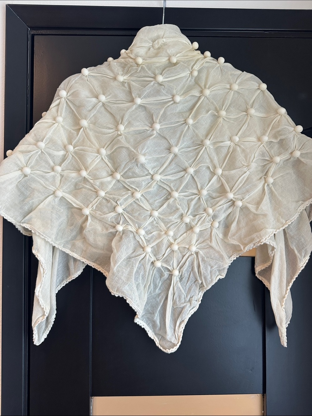 Cream Textured Pom-Pom Triangle Shawl